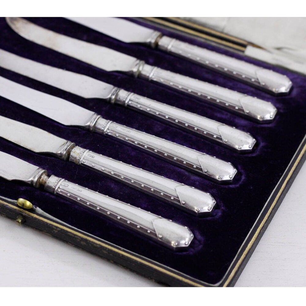Antique Art Nouveau sterling silver knives, hallmarked silver flatware 1905